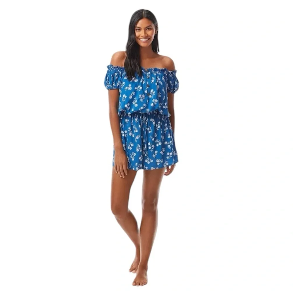 Kate Spade Blue Button Front Floral Off Shoulder Shorts Playsuit Romper Sz Small
